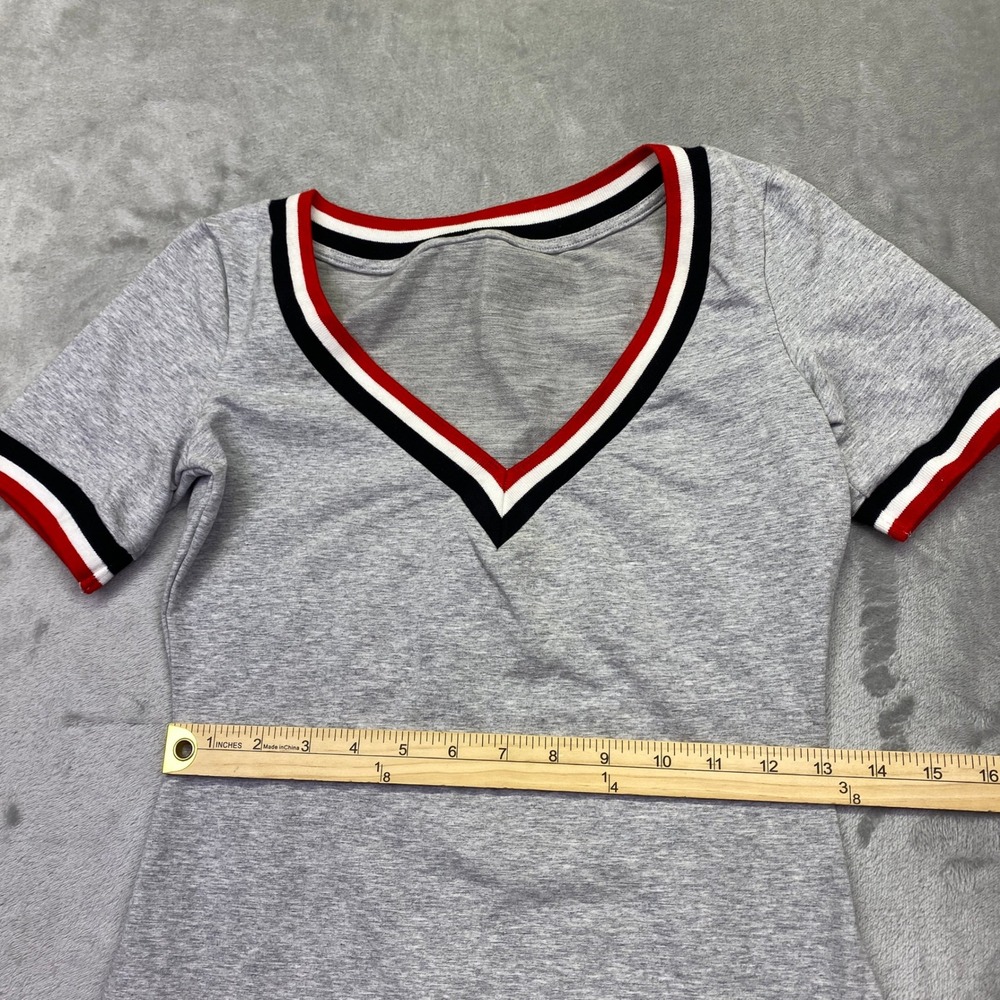 Gray V-Neck Striped Trim Bodycon Mini Dress Short Sleeve Sporty Size S - Picture 3 of 9